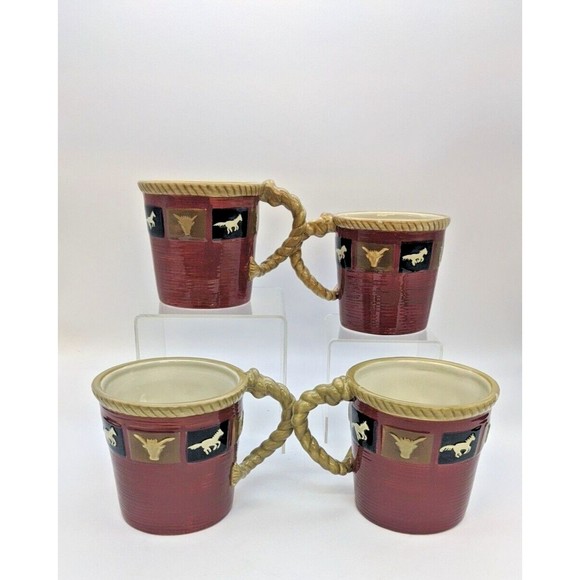Sonoma Home Happy Trails Red 16 oz Ceramic Coffee Tea Mugs Western Horse Set 4 - Picture 6 of 10